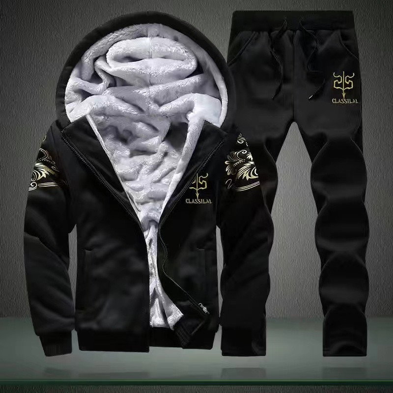 Men Suit Set Winter Sports Suit With Stand Collar Zipper Cardigan Drawstring Trousers Stylish Pocket Design Coat Set_0