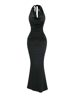 NWT! SHEIN Sweetra Women's Black Draped Neck Bodycon Fish Tail Dressy Dress, XS