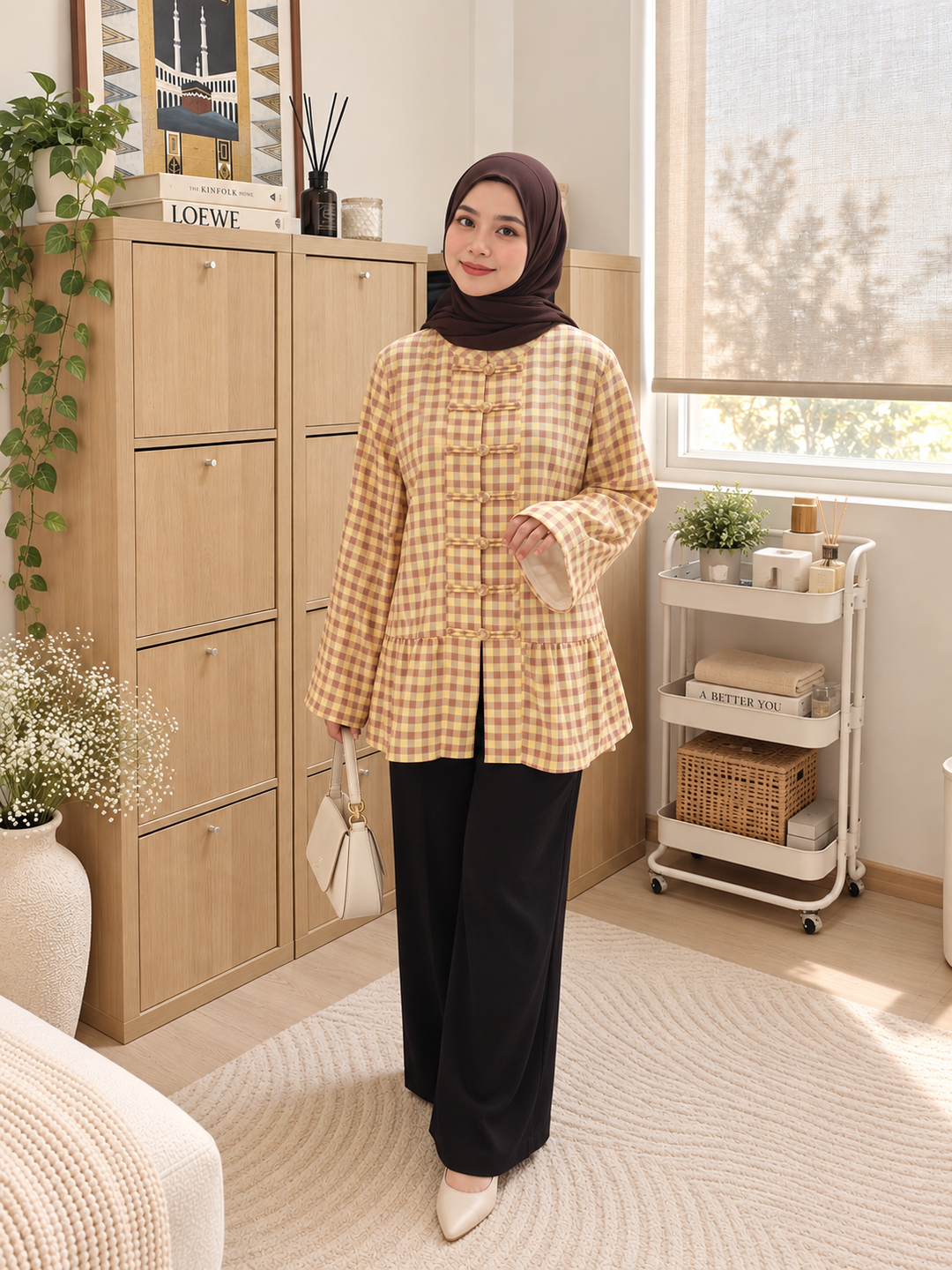 Gingham Functional Button Peplum Top