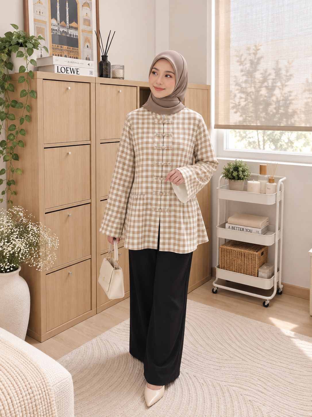 Gingham Functional Button Peplum Top_3