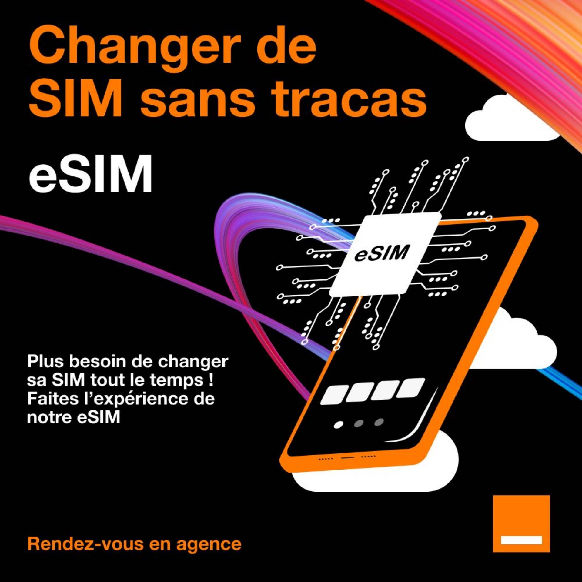 This is an eSIM service advertisement.

Category: 📱 Telecommunications → eSIM / Mobile SIM Services

It promotes an eSIM (embedded SIM), which lets you use a mobile network without physically changing a SIM card. The French text says: “Change SIM without a trace” and “No more need to change your SIM all the time.”_0