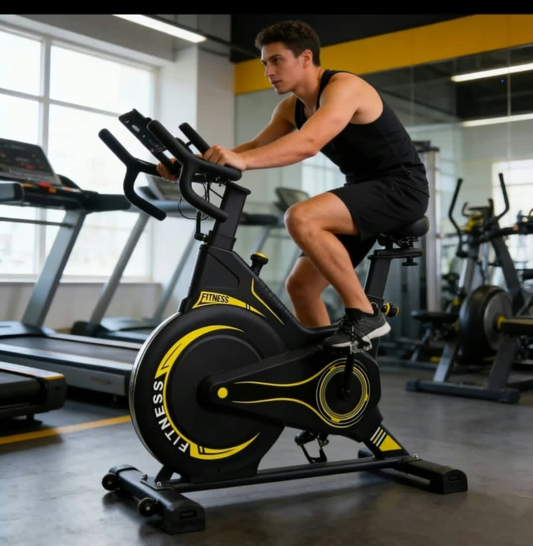 A stationary exercise bike
