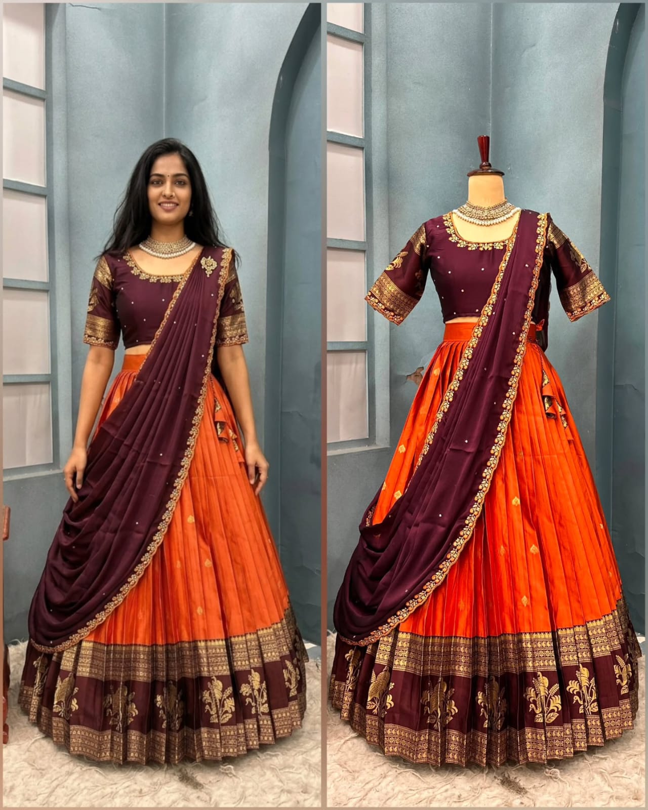 Designer premium Quality pure kanjiveram silk lehangas  blouse and duppata RS_1