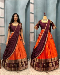 Designer premium Quality pure kanjiveram silk lehangas  blouse and duppata RS