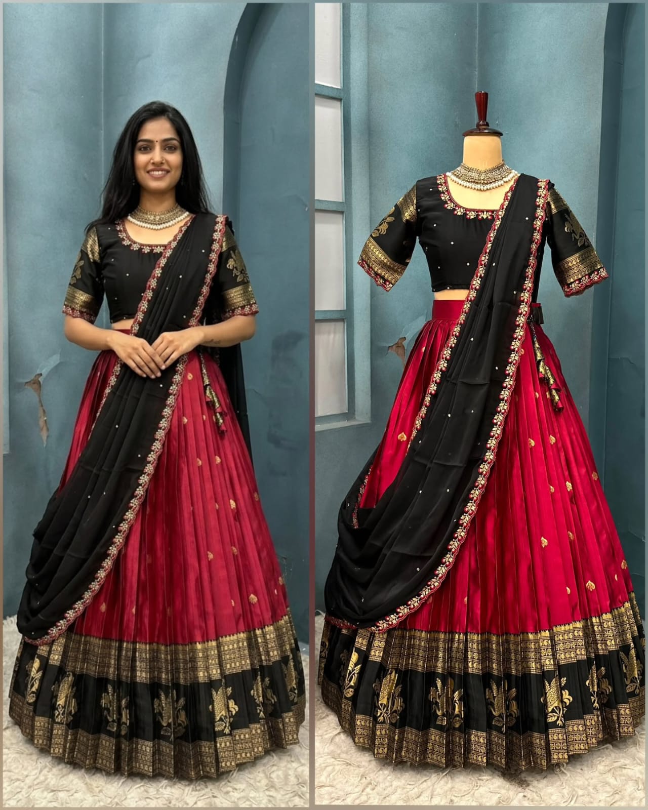 Designer premium Quality pure kanjiveram silk lehangas  blouse and duppata RS_3