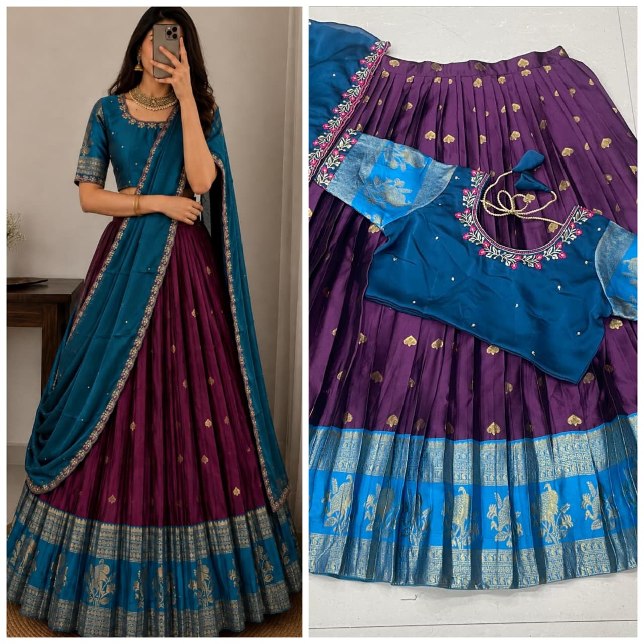 Designer premium Quality pure kanjiveram silk lehangas  blouse and duppata RS_5