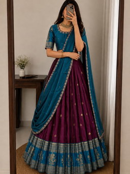 Designer premium Quality pure kanjiveram silk lehangas  blouse and duppata RS