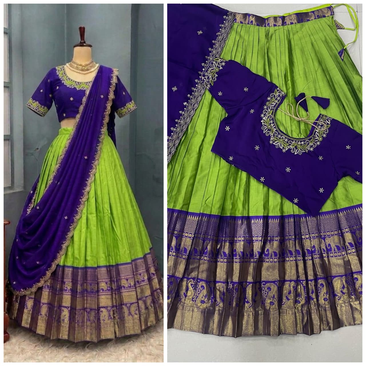 Designer premium Quality pure kanjiveram silk lehangas  blouse and duppata RS_8