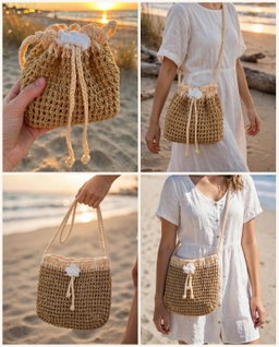 Drawstring Bucket Bag - Boho Mesh Beach Bag with Flower Charm
