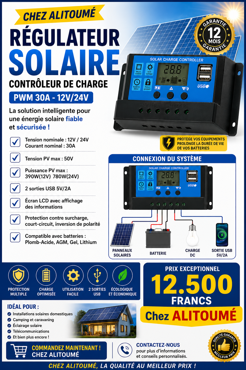 RÉGULATEUR SOLAIRE PWM 30A ou contrôleur de charge de 30A30