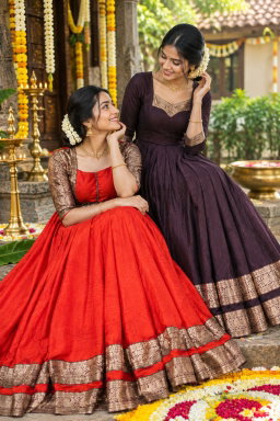 South Indian pleated gown with elegant blouse design RS