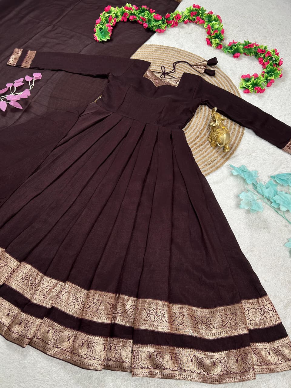 South Indian pleated gown with elegant blouse design RS_1