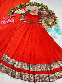 South Indian pleated gown with elegant blouse design RS