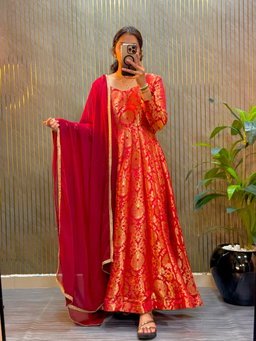 Brocade Anarkali dress with a matching dupatta RS 