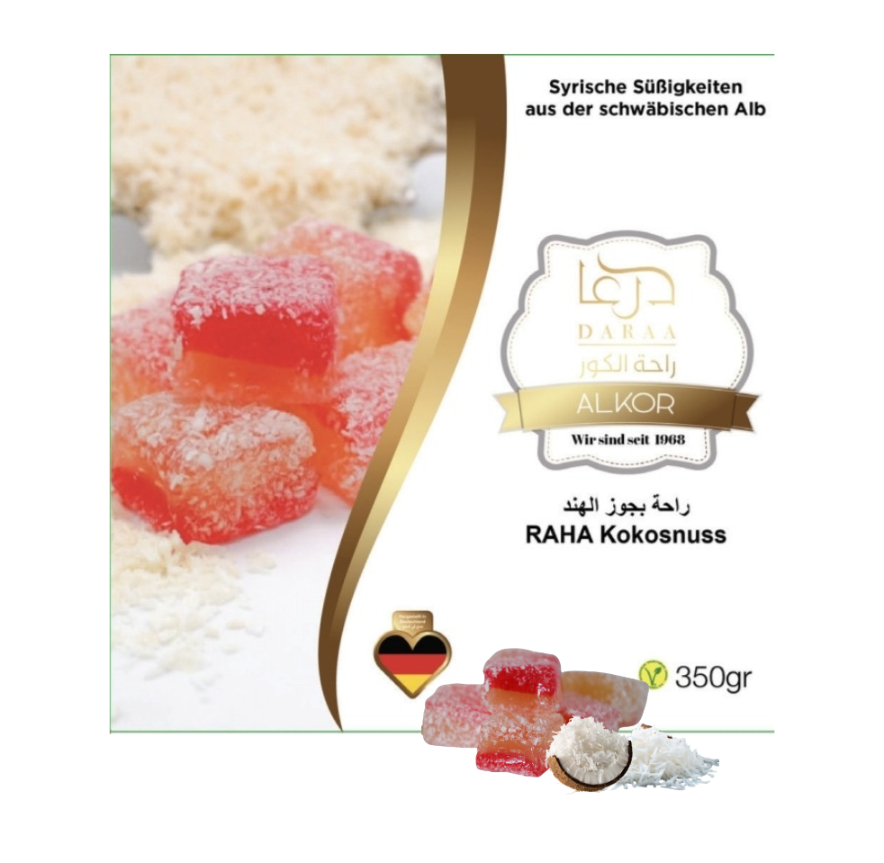 Raha mit Kokosnuss – 1 st 350g x 24 St-Stückpreis: 2 €- zzgl.MwSt/ راحة سادة مغلفة بجوز الهند