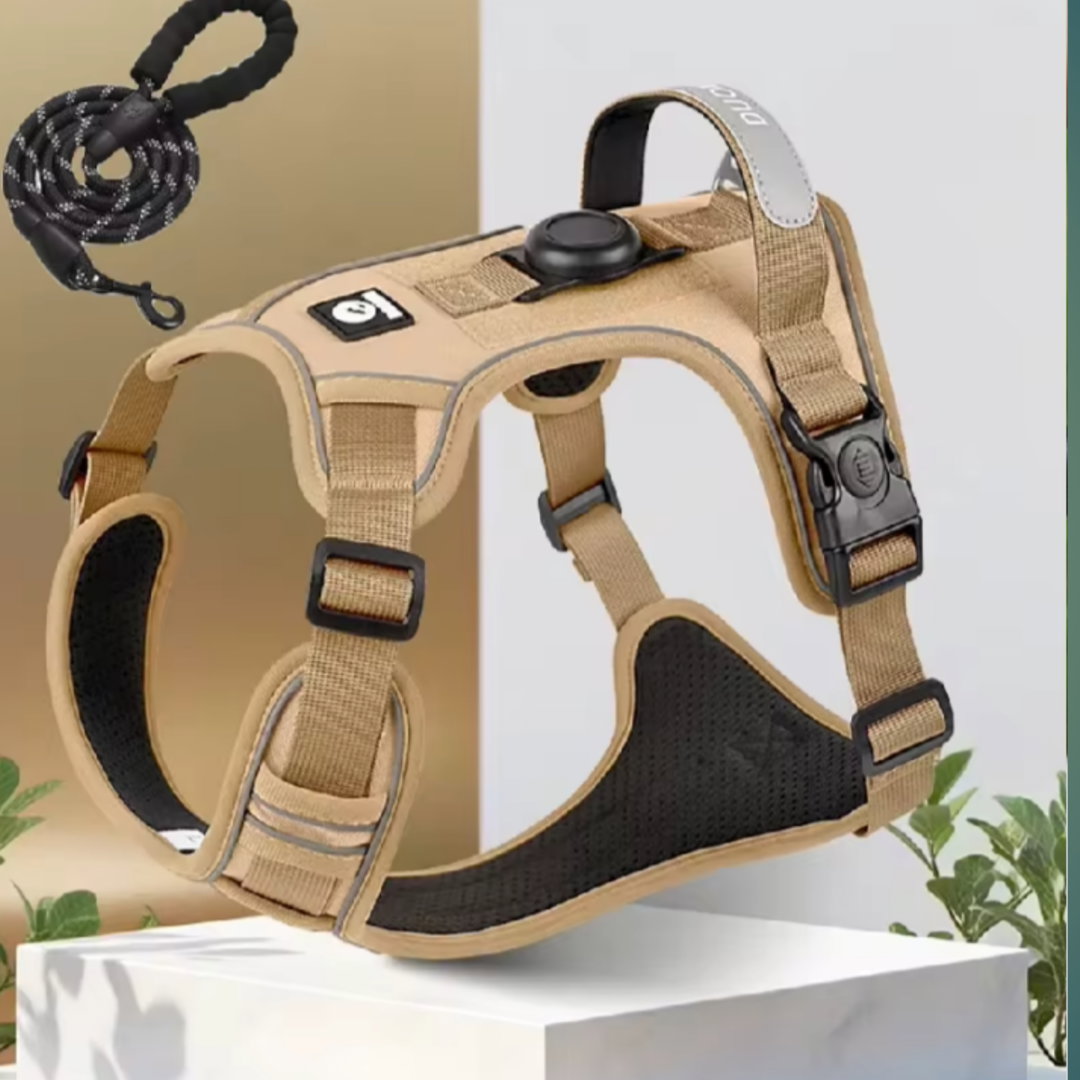 Dog Harness and Leash Set with AirTag Holder – Breathable Reflective Oxford Fabric