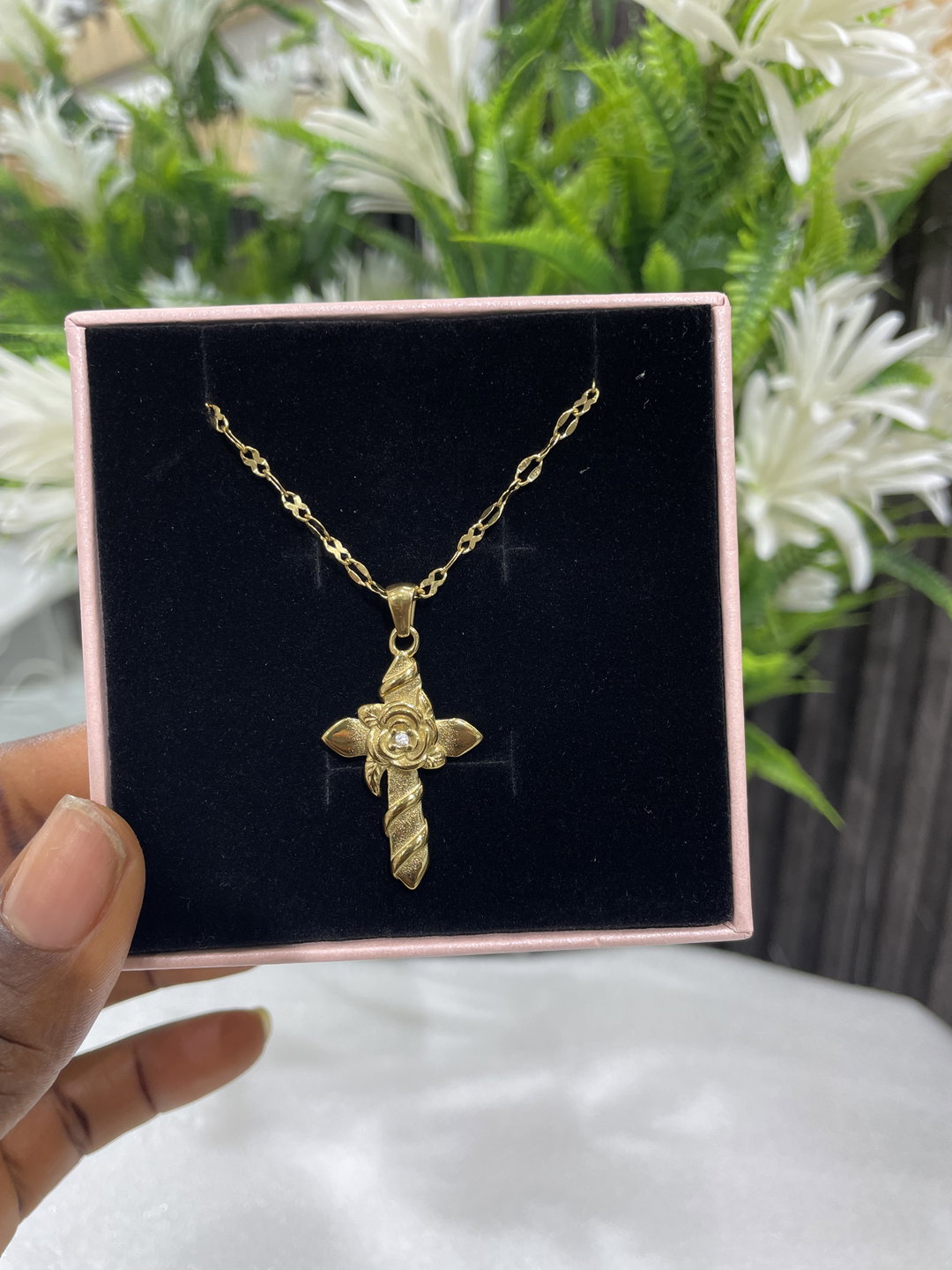 Gold Cross Flower Crystal Necklace