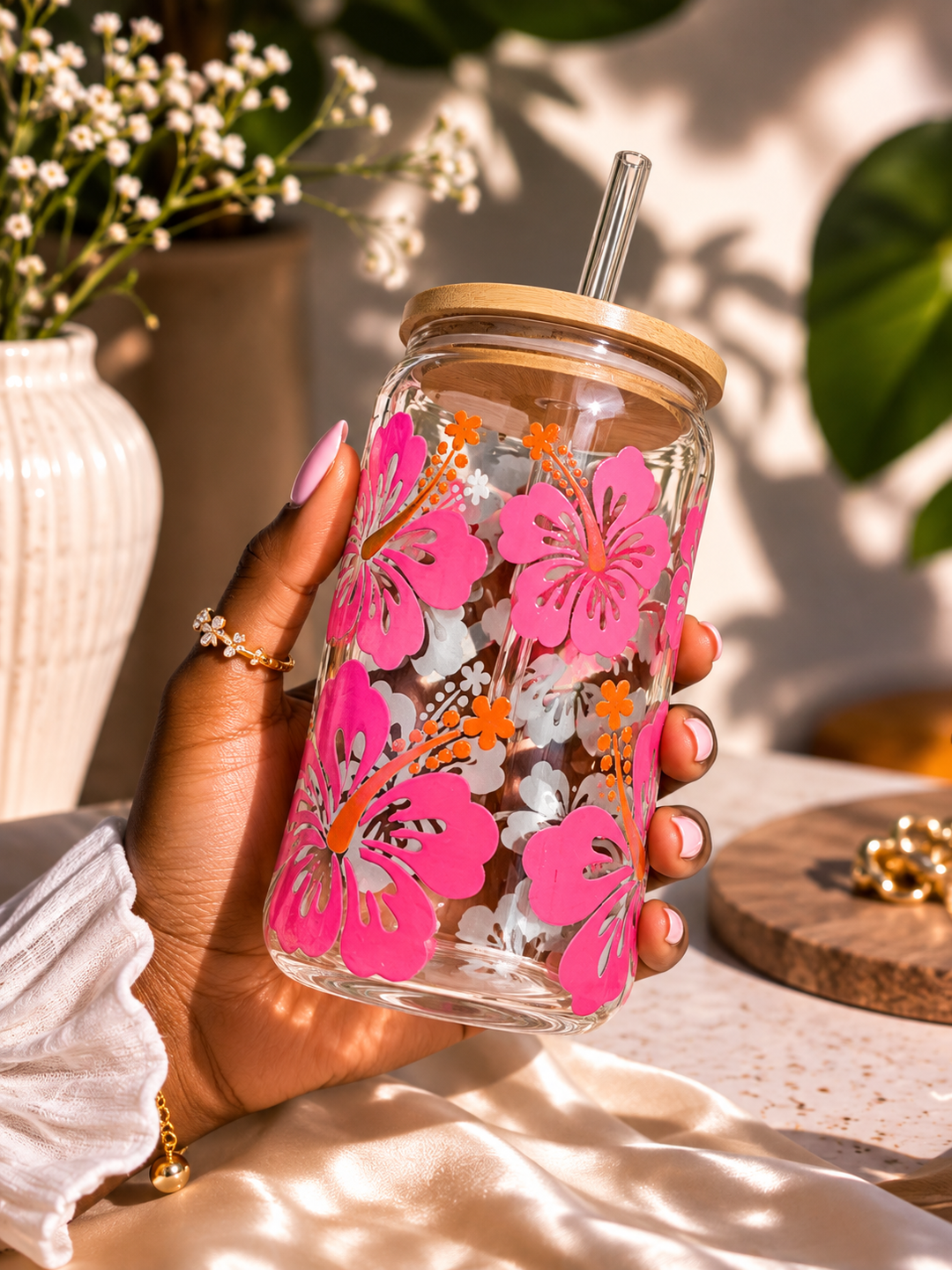VERRE MOTIF HIBISCUS