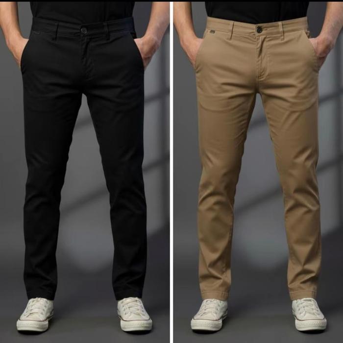 PAKET 2 Celana Panjang Pria - SIZE 27/44 Slimfit Hitam Tebal Formal Kerja Stretch Cowok Karet Chino Kantor_0
