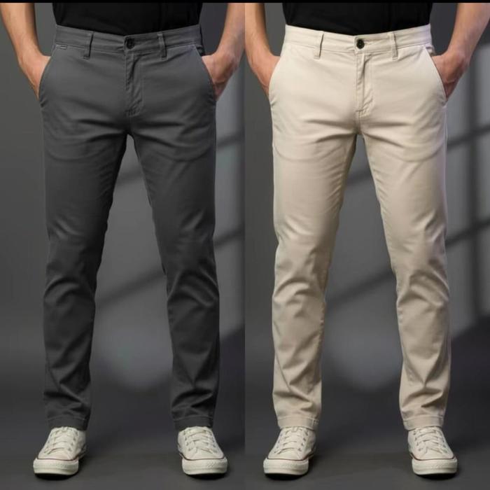 PAKET 2 Celana Panjang Pria - SIZE 27/44 Slimfit Hitam Tebal Formal Kerja Stretch Cowok Karet Chino Kantor_1