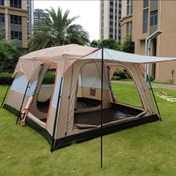 A large multi-person double-layer family cabin camping tent