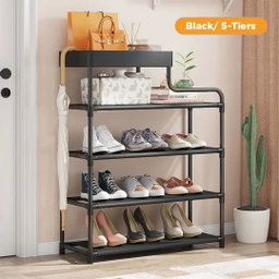 A 5-tier black entryway shoe rack organizer 