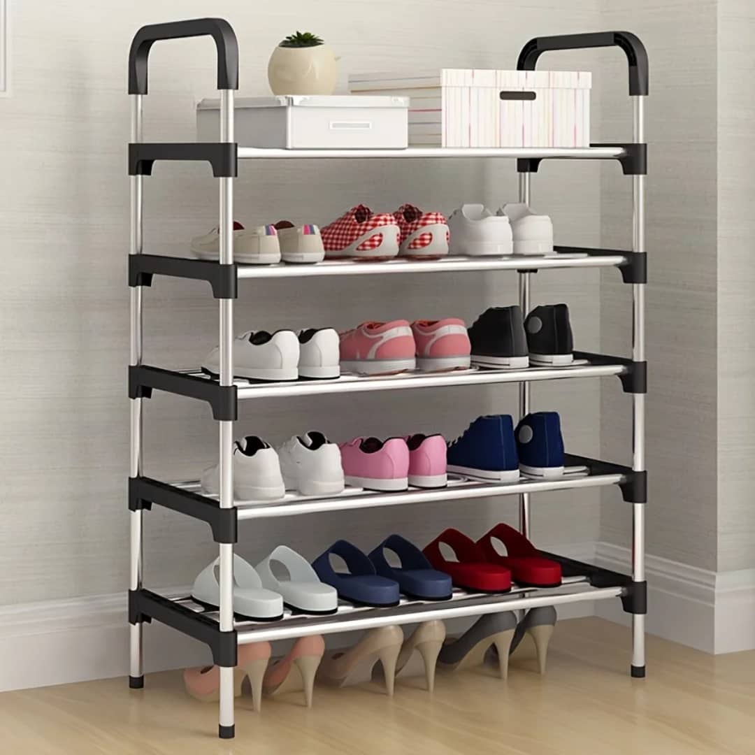 A multi-tiered, freestanding shoe rack