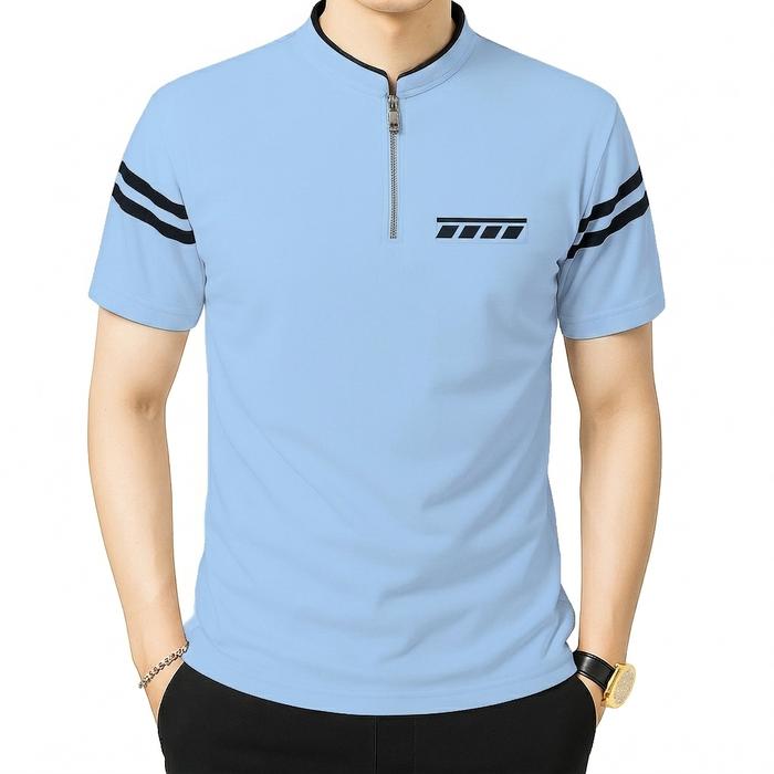 Kaos Pria Kerah Shanghai Saku Polet Lengan Garis _2