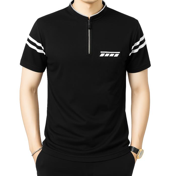 Kaos Pria Kerah Shanghai Saku Polet Lengan Garis _3