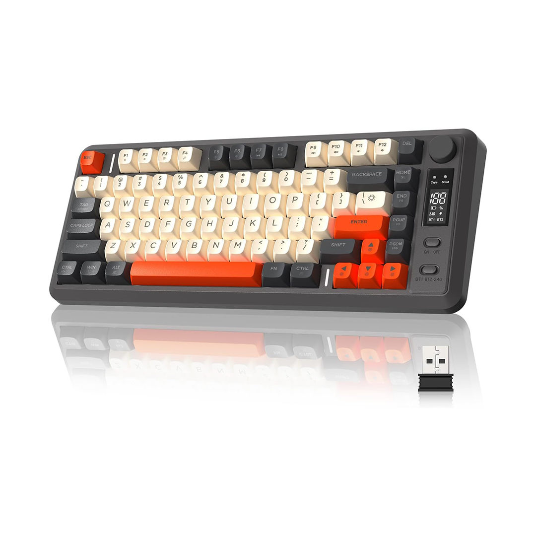 Teclado Gamer Sem Fio ZIYOU LANG M75, Retroiluminação RGB, Bateria Recarregável de 2000mAh, Teclado de Membrana Compacto com Sensação Mecânica, Display Inteligente e Botão Giratório, Teclas PBT com Gradiente para PC e MAC - Shimmer
