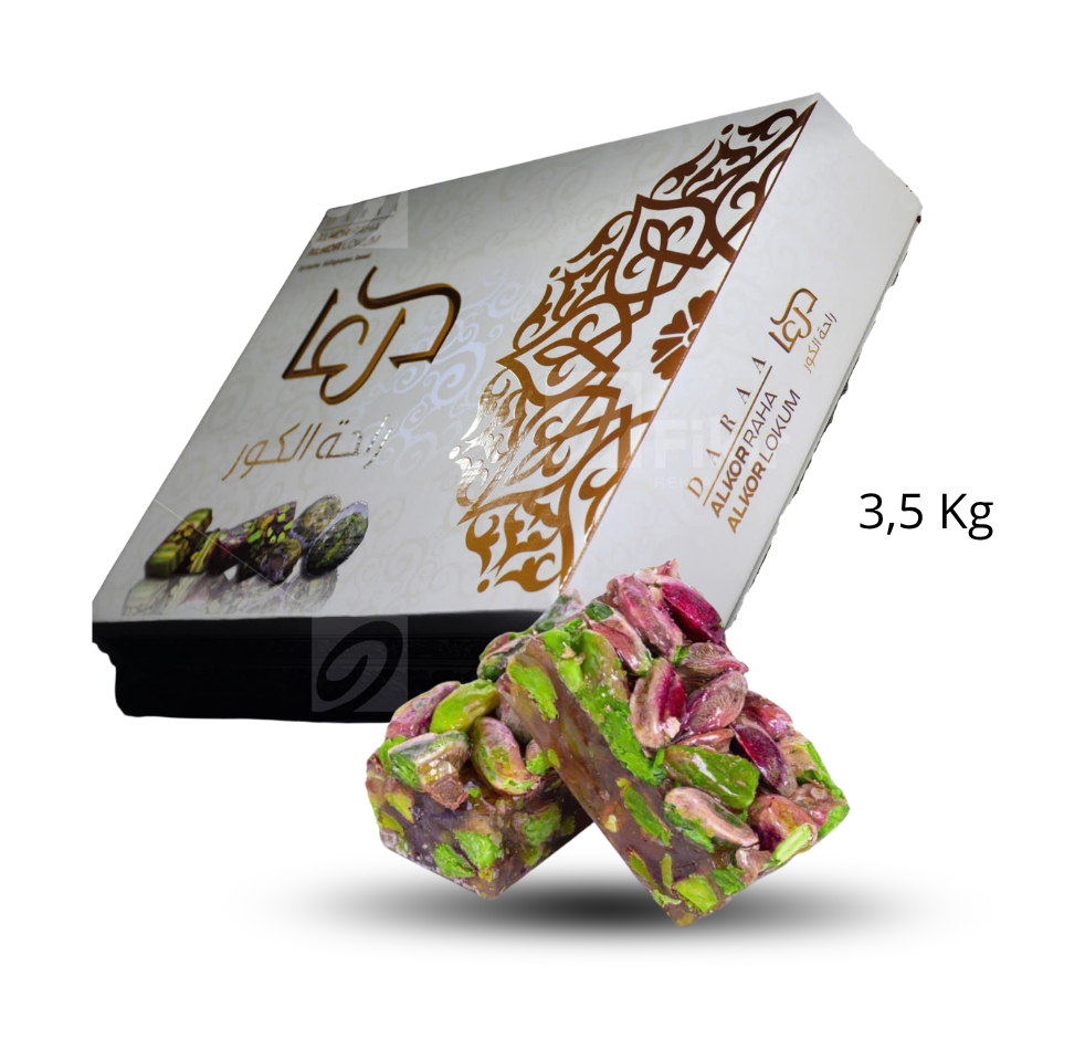 Raha mit Pistazien 1 karton x 3,5 kg-Kilopreis: 13,75 €- zzgl.MwSt / راحة موجهة محشية ومغلفة بالفستق الحلبي