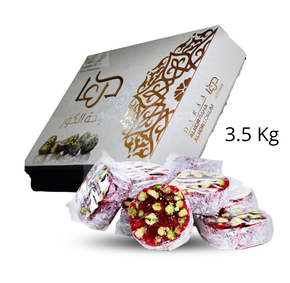 Raha mit Pistazien Granatapfel Geschmack 1 karton x 3.5 kg Kilopreis: 15 €- zzgl.MwSt / راحة ساعات محشية بالفستق الحلبي بالرمان