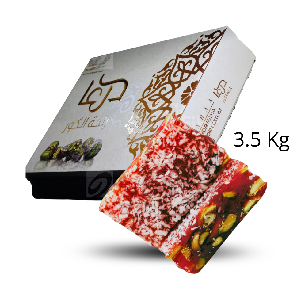 Raha mit Pistazien und Kokosnuss Granatapfel Geschmack 1 karton x 3.5 kg-Kilopreis: 13,50 €- zzgl.MwSt / راحةمحشية بالفستق الحلبي مغلفة بجوز الهند بالرمان تحتوي الكرتونة على وزن