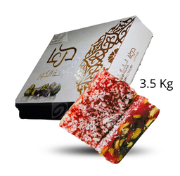 Raha mit  Pistazien und Kokosnuss  Granatapfel Geschmack  1 karton x 3.5 kg-Kilopreis: 13,50 €- zzgl.MwSt   / راحةمحشية بالفستق الحلبي مغلفة بجوز الهند بالرمان تحتوي الكرتونة على وزن  
