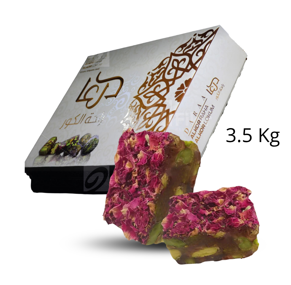 Raha mit Pistazien und Rosenblätter Rosen Geschmack 1 karton x 3.5 kg-Kilopreis: 13,5 €- zzgl.MwSt / راحة محشية بالفستق الحلبي مغلفة بالورد