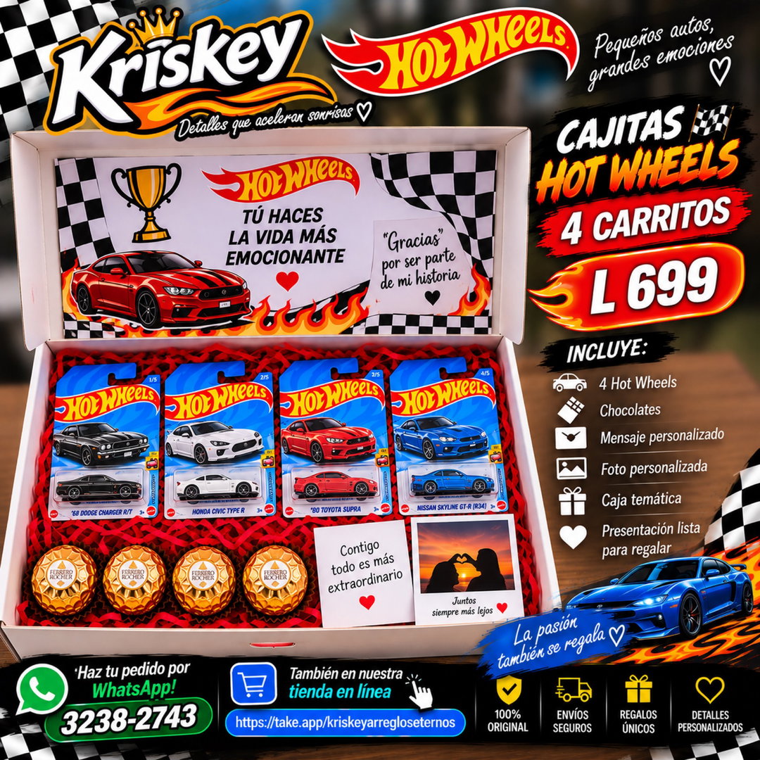🏎️ Cajita Hot Wheels – 4 Carritos | Kriskey