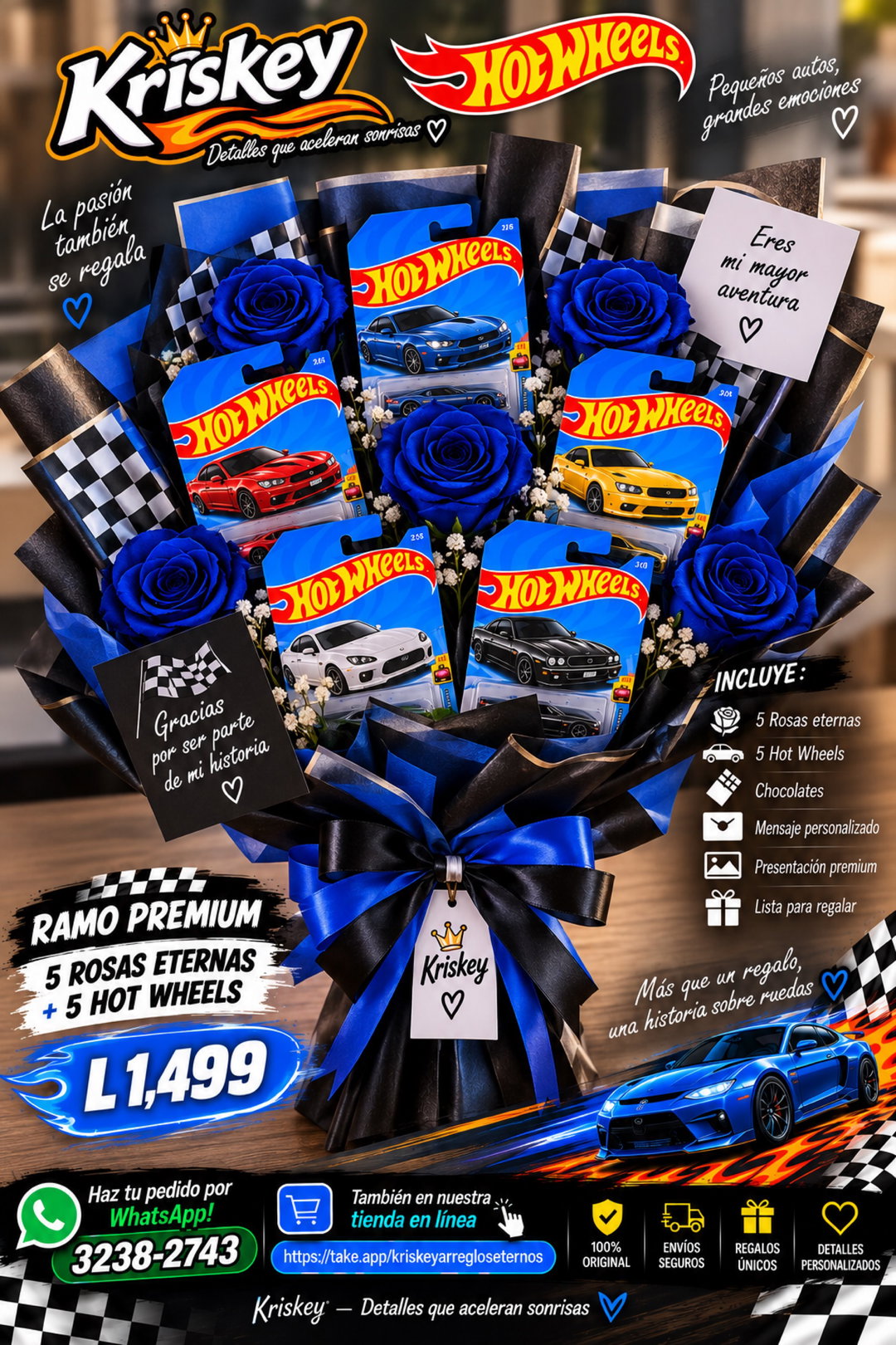 🌹🏎️ Ramo Premium – 5 Rosas Eternas + 5 Hot Wheels | Kriskey