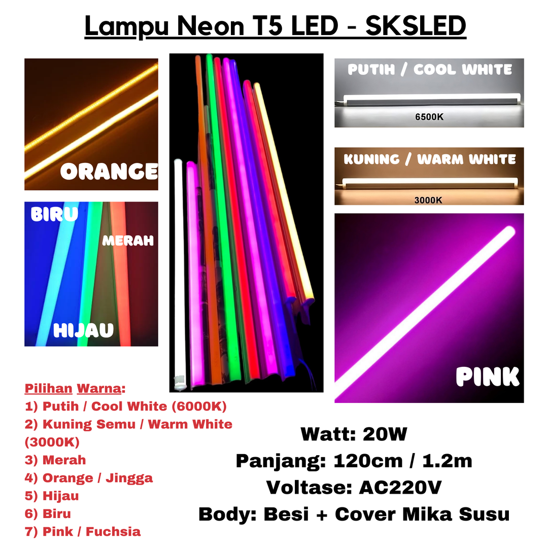 Lampu Neon LED T5 SKSLED - 20 Watt - Warna Warni - AC220V - 120cm