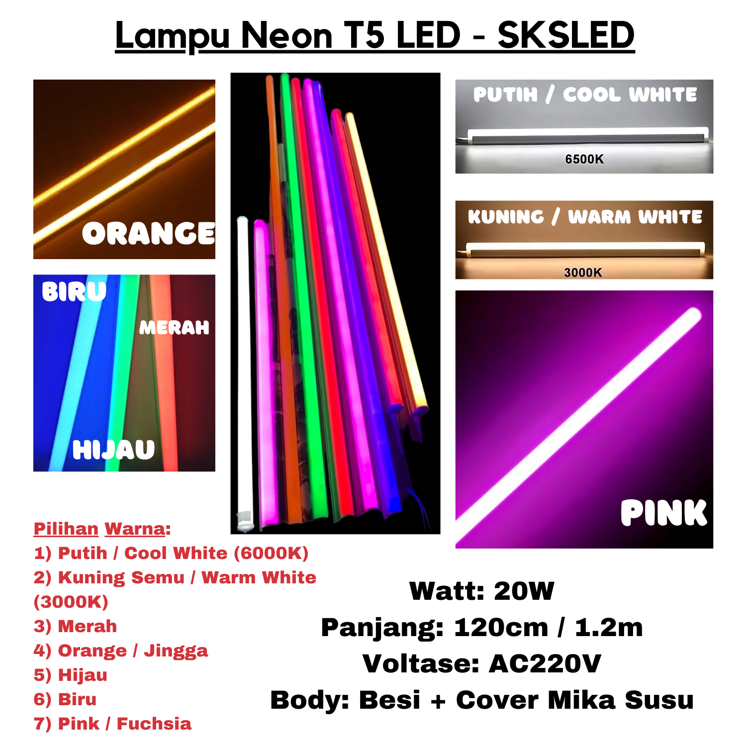 Lampu Neon LED T5 SKSLED - 20 Watt - Warna Warni - AC220V - 120cm_0