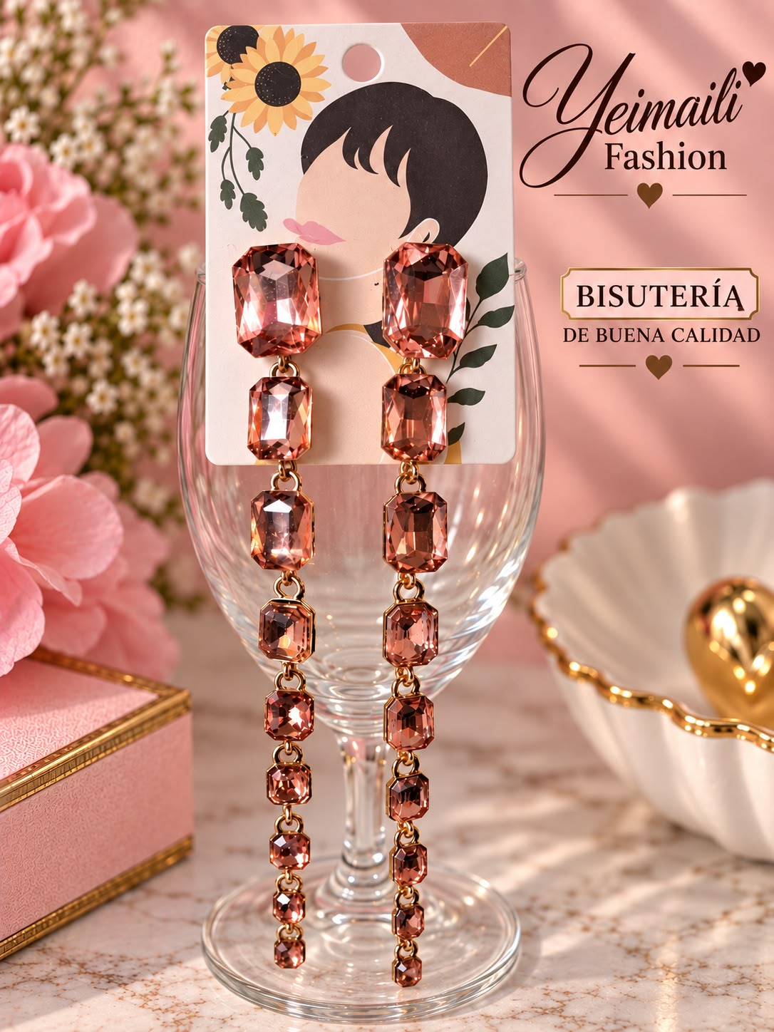 Aretes Largos Rosa Elegante_0