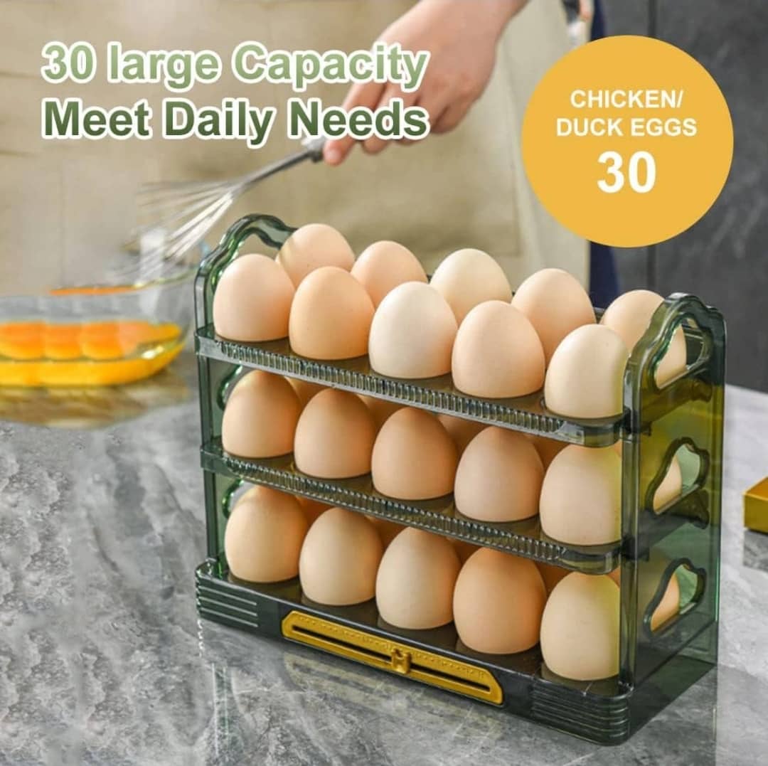 A 3-tier rolling egg storage container