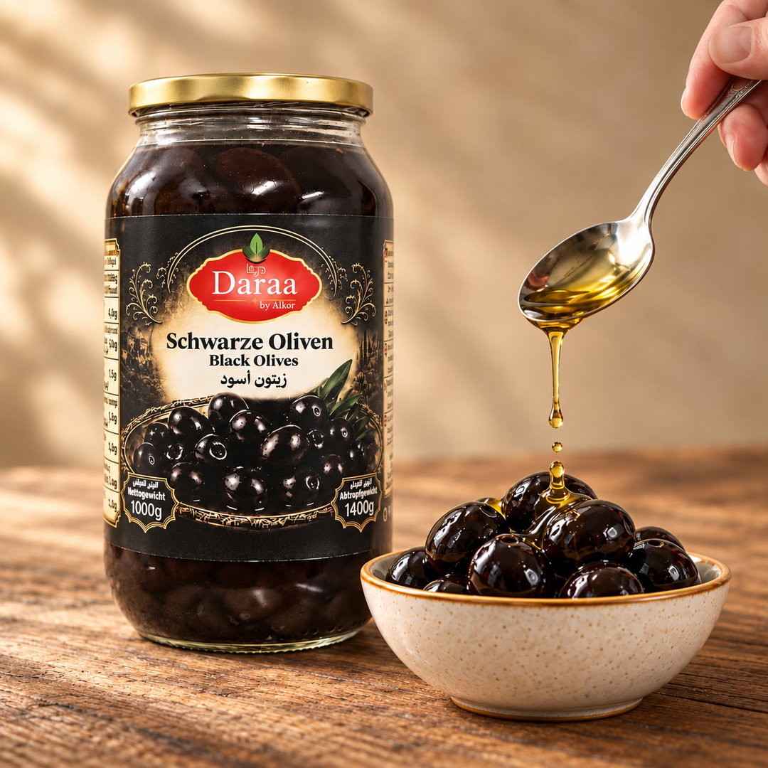 Daraa Syrische Schwarze Oliven mit Olivenöl 1400 gx 12 St-Stückpreis: 5,99 €- zzgl.MwSt / زيتون اسود عطون بزيت الزيتون سوري من شركة الكور درعا