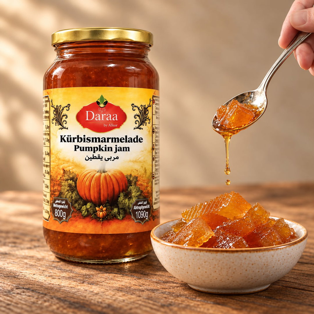 Daraa Syrische Kürbismarmelade 1090 Gr x 12 st-Stückpreis: 4,49 €- zzgl.MwSt/ مربى اليقطين ( القرع ) من شركة الكور درعا