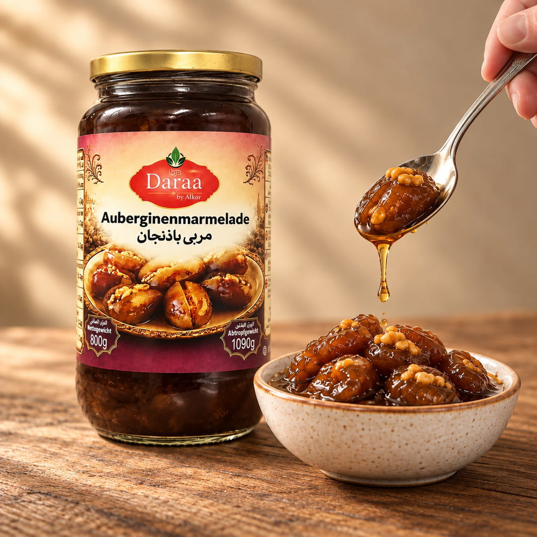 Daraa Syrische Auberginenmarmelade mit Walnuss 1090 g x 12St-Stückpreis: 5,5 €- zzgl.MwSt / مربى الباذنجان مع الجوز من شركة الكور درعا