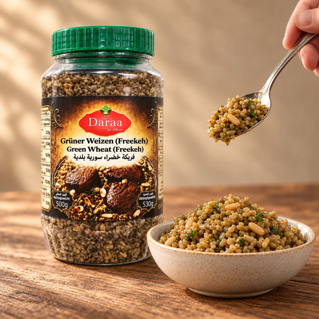 Daraa Syrische Freekeh 500 gr x 16 St-Stückpreis: 3,49 €- zzgl.MwSt/ فريكة خضراء من شركة الكور درعا