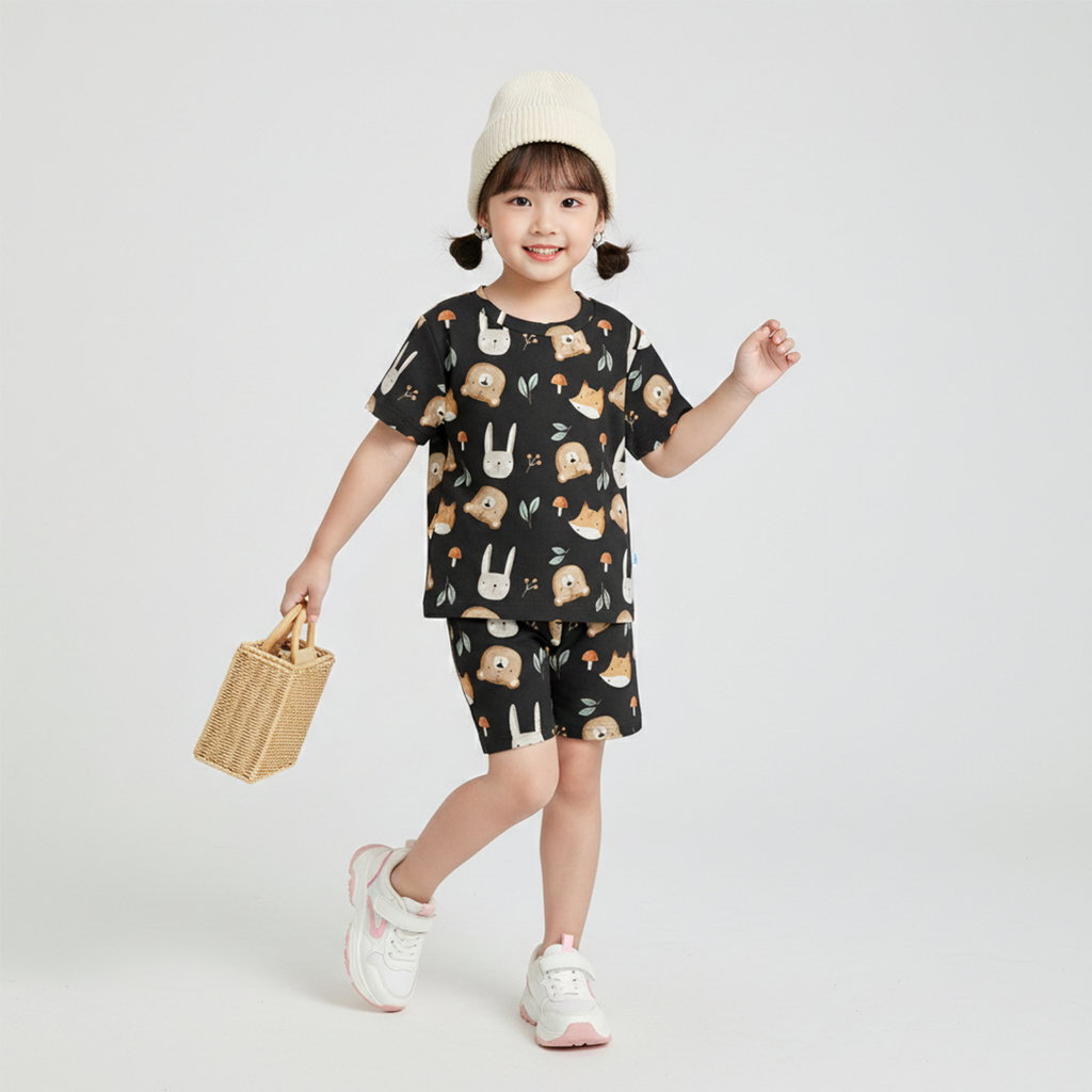 SETELAN PENDEK CUTE HEAD ANIMAL BLACK_1