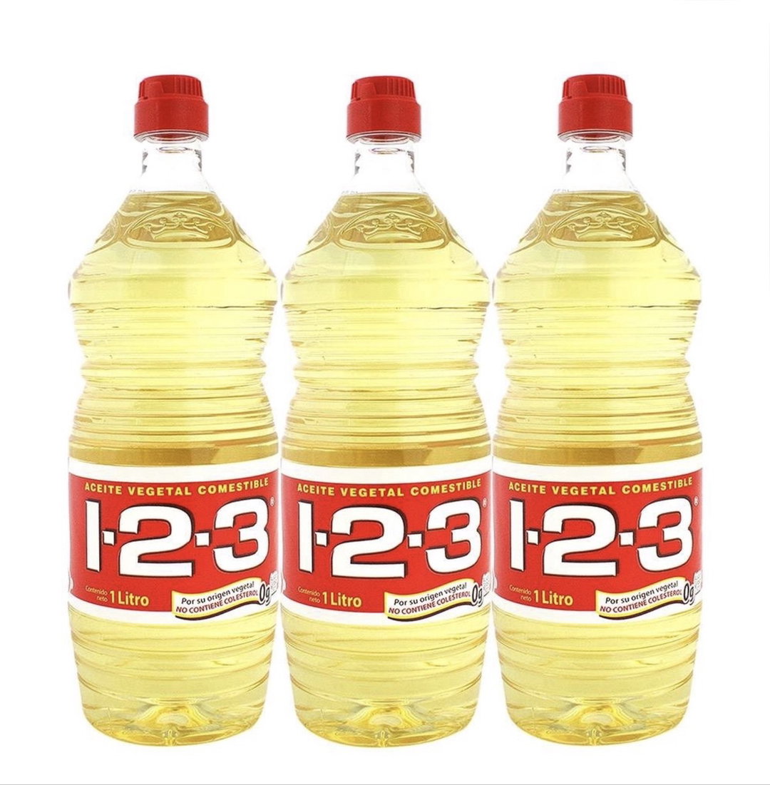 Aceite vegetal comestible 1-2-3 con 3 pzas de 1 L c/u