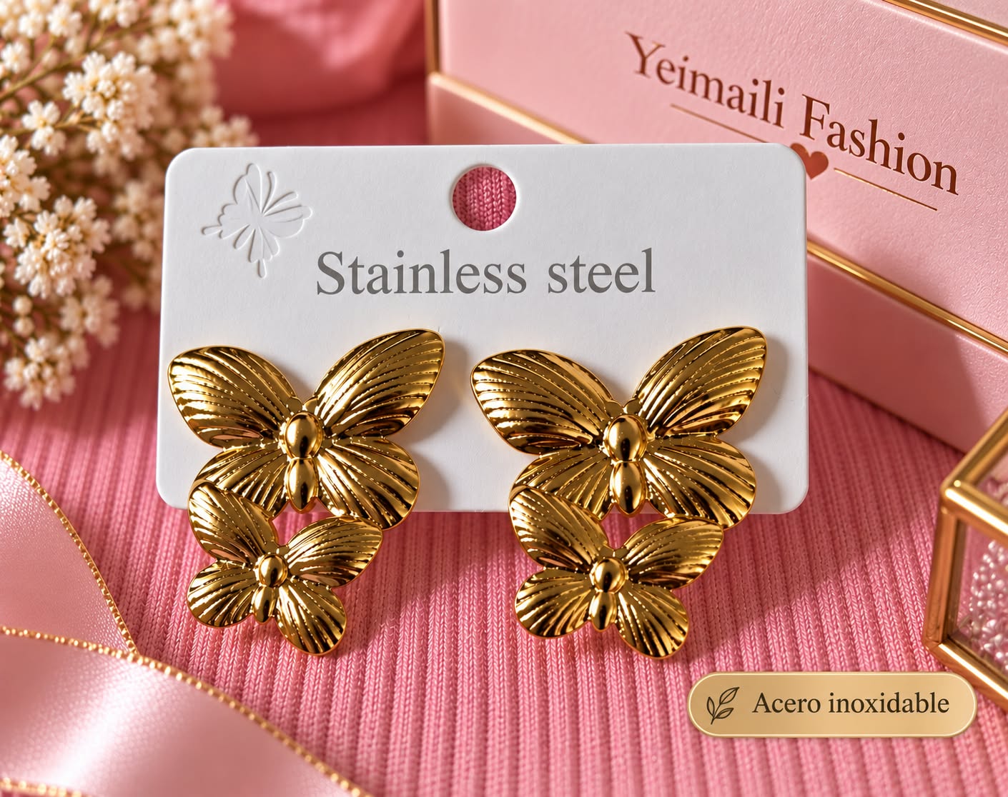 Aretes Doble Mariposa Dorada en Acero inoxidable_0