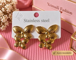 Aretes Doble Mariposa Dorada en Acero inoxidable