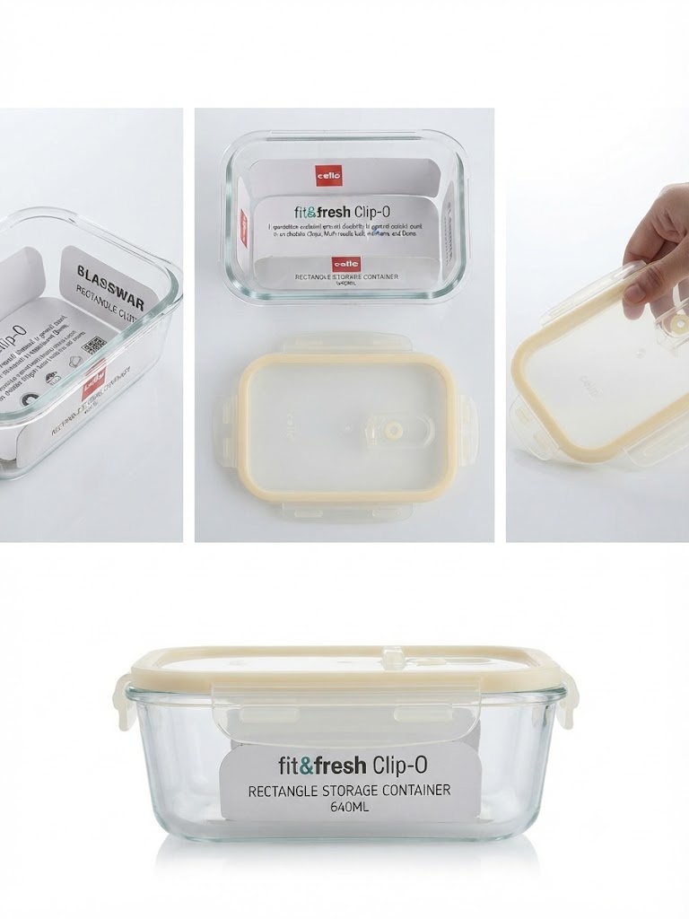 Cello Fit & Fresh Clip-O Rectangle Glass Container (640ml).